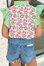Tulip print ruffled V-neck shirt with green striped sleeves and collar.