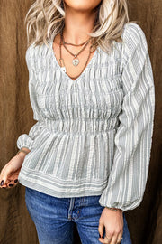 Stripe V Neck Shirred Long Sleeve Blouse in Light Blue, side view