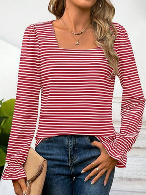 Red and white striped blouse with square neckline and ruffle cuff sleeves.