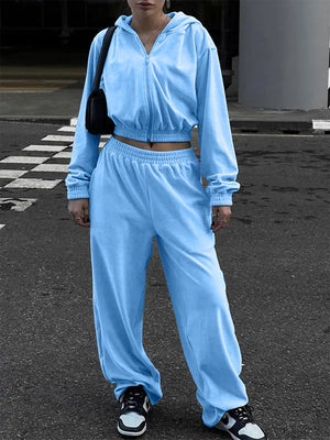 Pastel blue cropped zip hoodie and wide leg sweatpants set