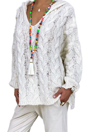 White cable knit hooded cocoon sweater with V-neck and textured acrylic knit.