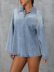 Collared denim top with quarter zip and chest pocket.