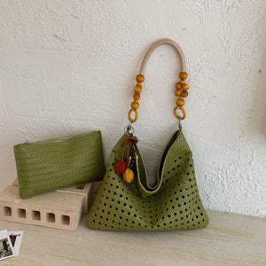 Cutout Shoulder Bag With Beaded Handle in Green, front view