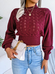 Burgundy openwork puff sleeve knit sweater with mock neck and ribbed hem