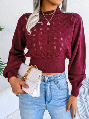 Burgundy openwork puff sleeve knit sweater with mock neck and ribbed hem