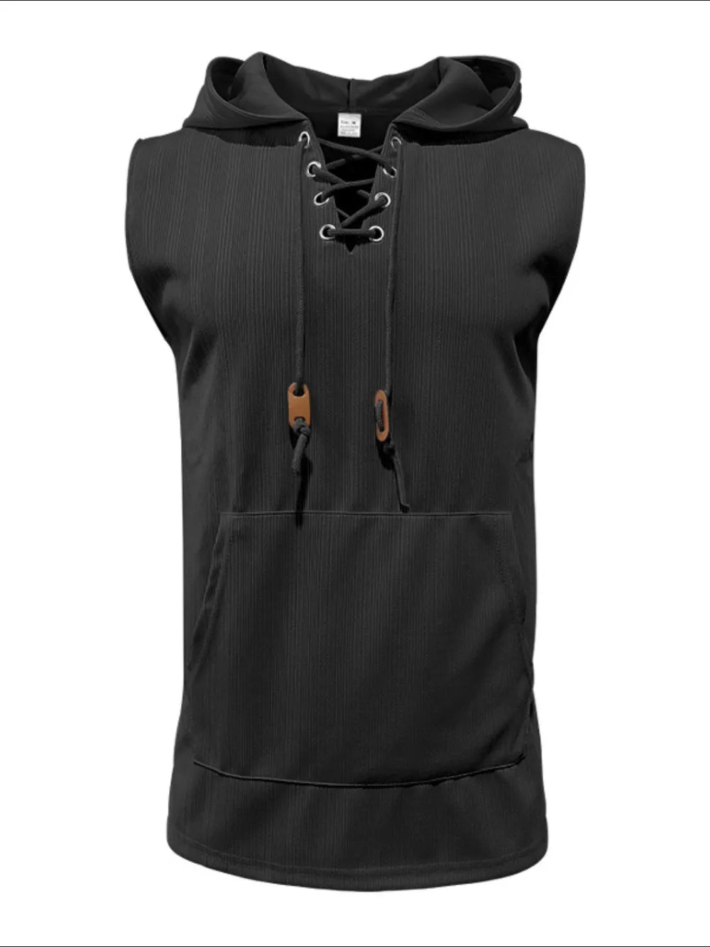 Black sleeveless ribbed knit hoodie with lace-up neckline and front pocket.