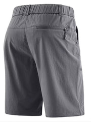 Men's dark gray lightweight quick-dry cargo shorts with zippered back pocket and drawstring waist.