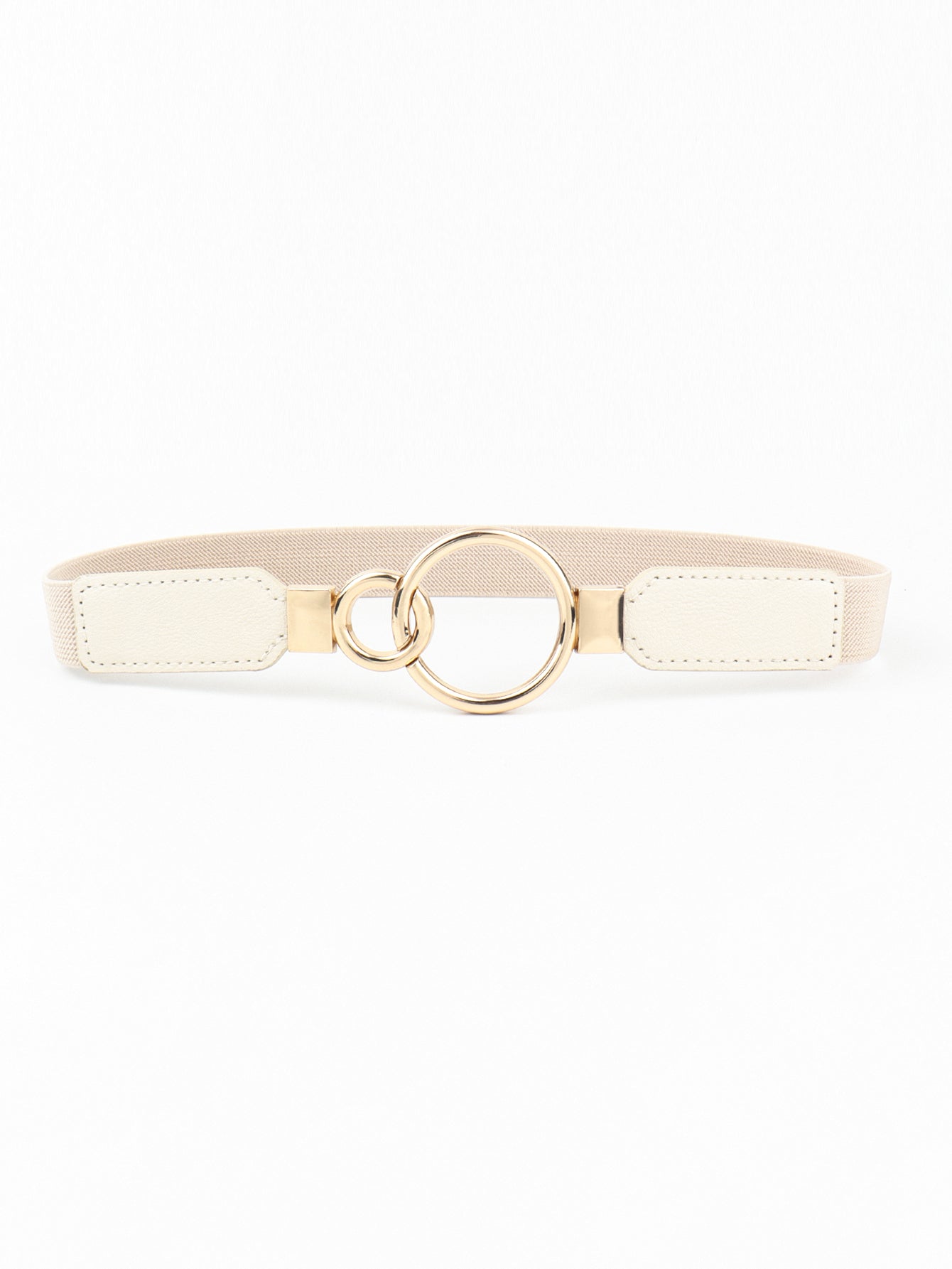 Cream elastic belt with interlocking gold rings and faux leather tabs