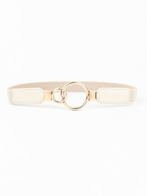 Cream elastic belt with interlocking gold rings and faux leather tabs