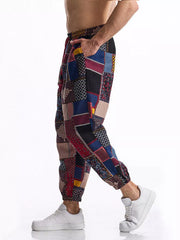 Men's Full Size Printed Drawstring Casual Pants in Chocolate, close-up detail