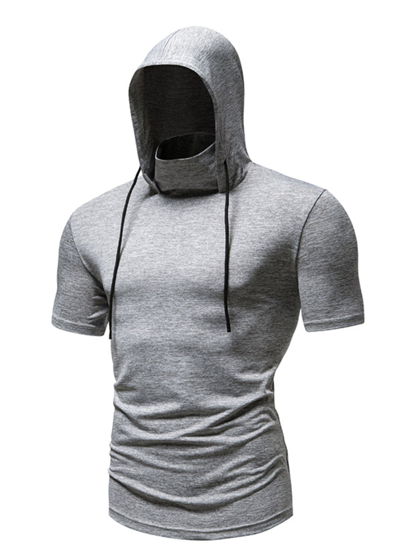 Men's light gray short sleeve hooded t-shirt with cowl neck and drawstring