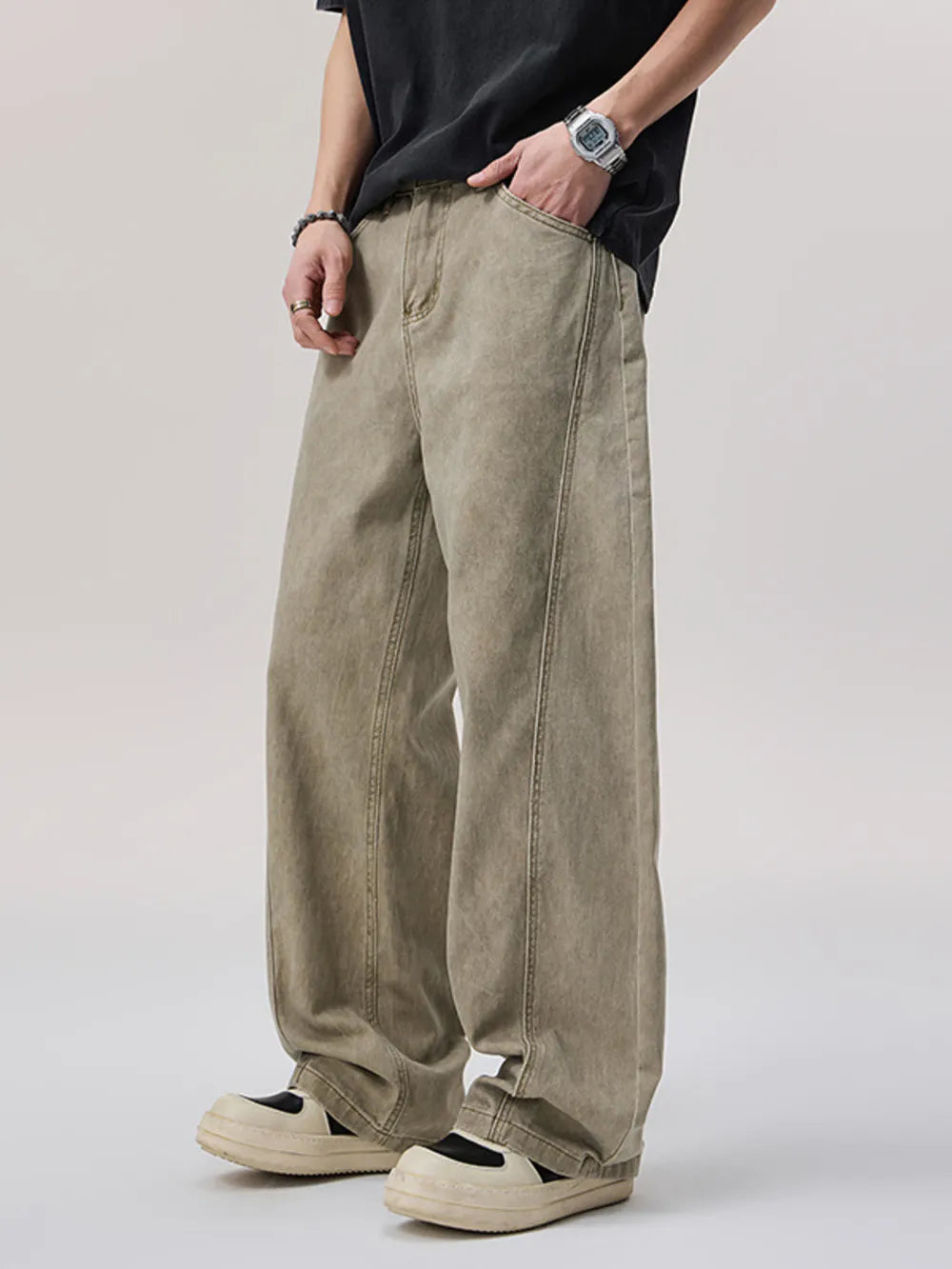 Men's Vintage Wash Wide Leg Pants in Khaki, side view