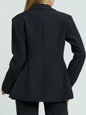 Black single-button blazer with lapel and buttoned cuffs, shown from the back.