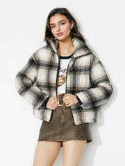 Plaid puffer jacket in gray with a stand-up collar and zip front.