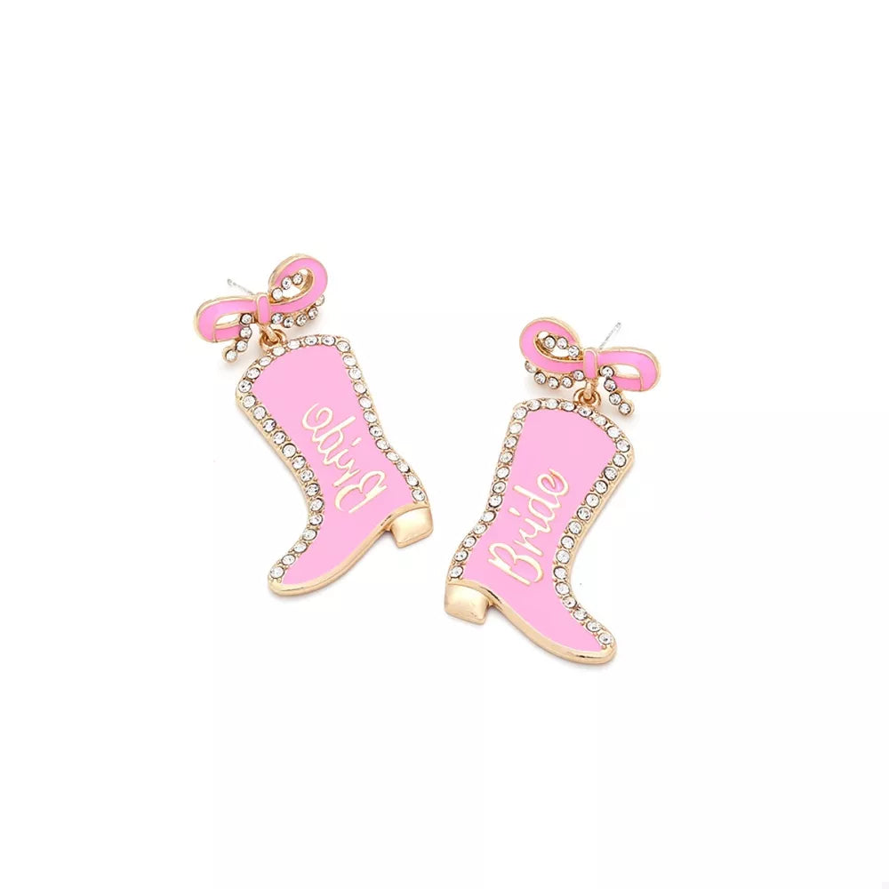 Pink bridal cowboy boot dangle earrings with rhinestone trim and bow detail