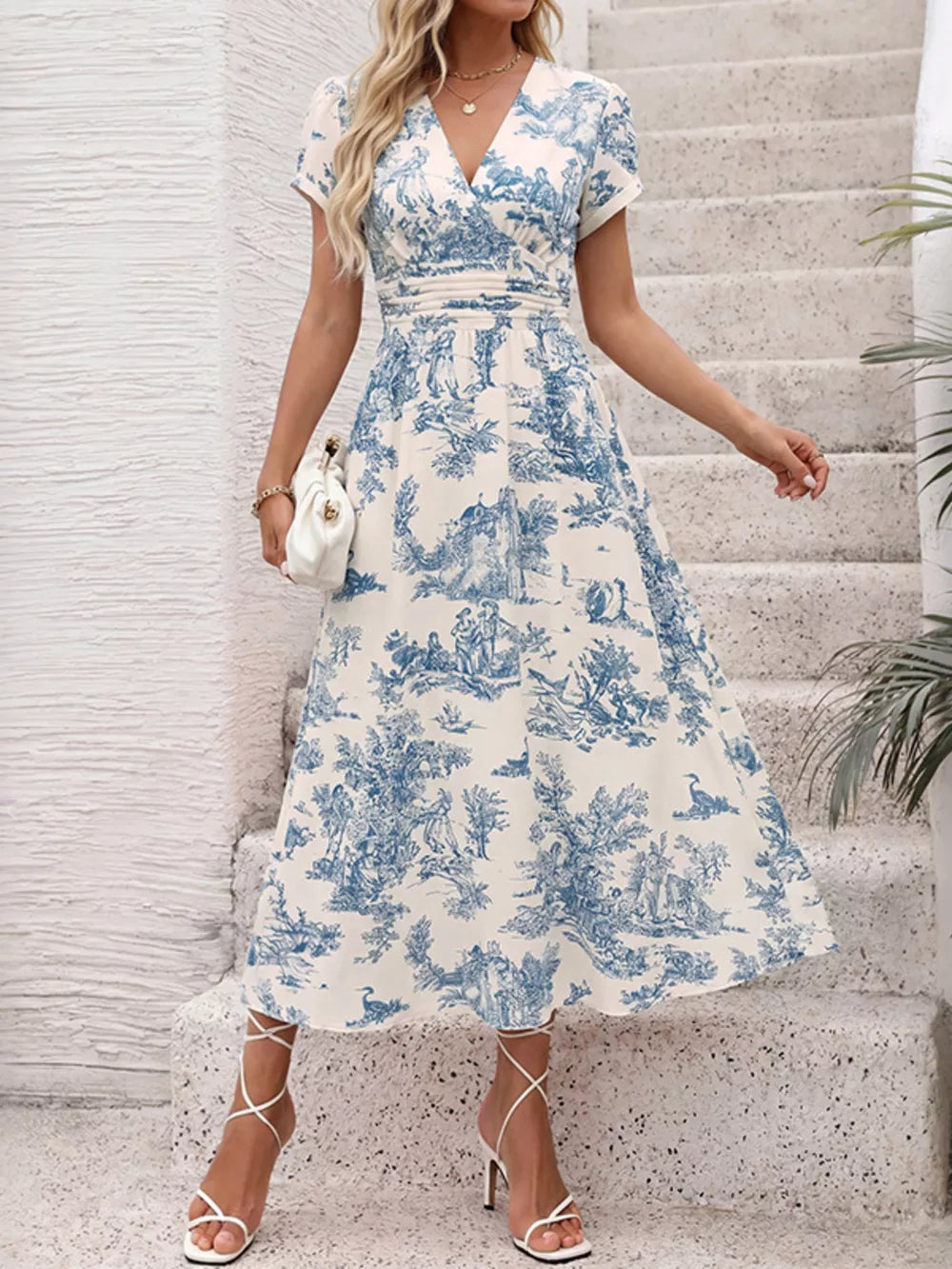 Toile print V-neck midi dress with short sleeves and a-line skirt.