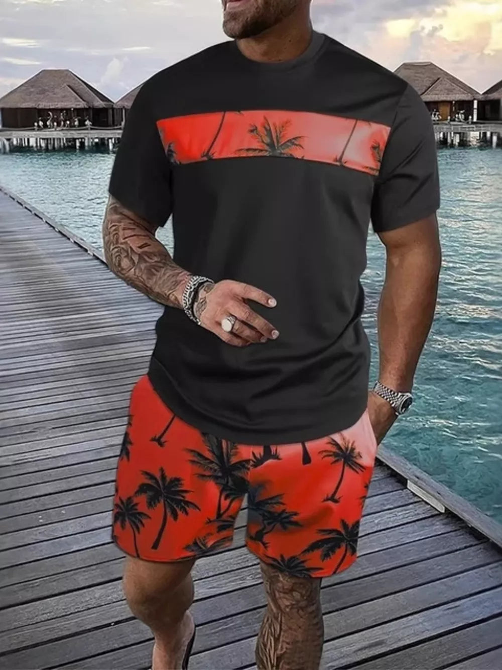 Men's Tropical Palm Tree Tee And Shorts Set in Hot Pink, fabric detail