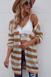 Multicolor open knit duster cardigan with horizontal stripes and a relaxed fit.