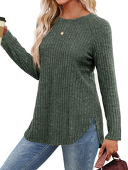 Moss ribbed sweater with raglan sleeves and asymmetric hem detail