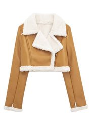 Brown cropped aviator jacket with white shearling trim and collar.