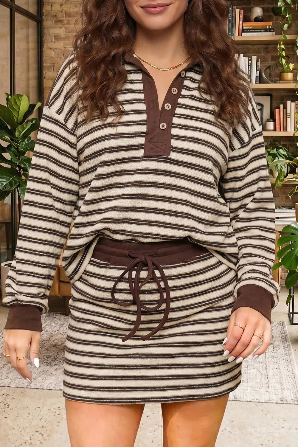 Striped Contrast Trim Button Neck Top & Mini Skirt Set, front view