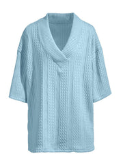 Sky blue cable-knit v-neck sweater with short sleeves and a relaxed fit.