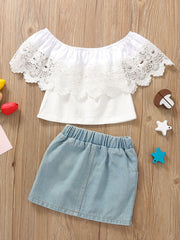 White off-shoulder lace top and light wash denim skirt set for baby girls.