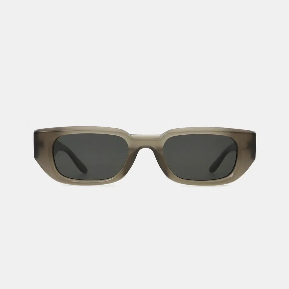 Smoked acetate angular sunglasses in taupe with dark lenses.