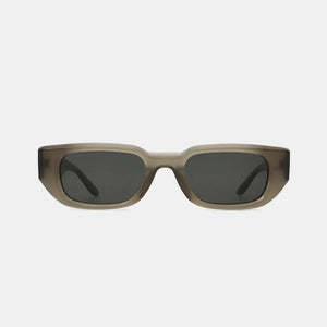 Smoked acetate angular sunglasses in taupe with dark lenses.