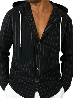 Black pinstripe hooded button-up shirt for men with white drawstrings.