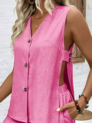 Hot Pink V-neck cutout two-piece set with button front and side details.