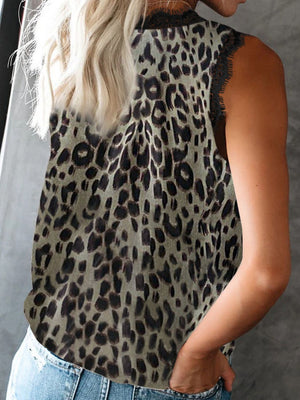 Leopard print camisole with black lace trim detail