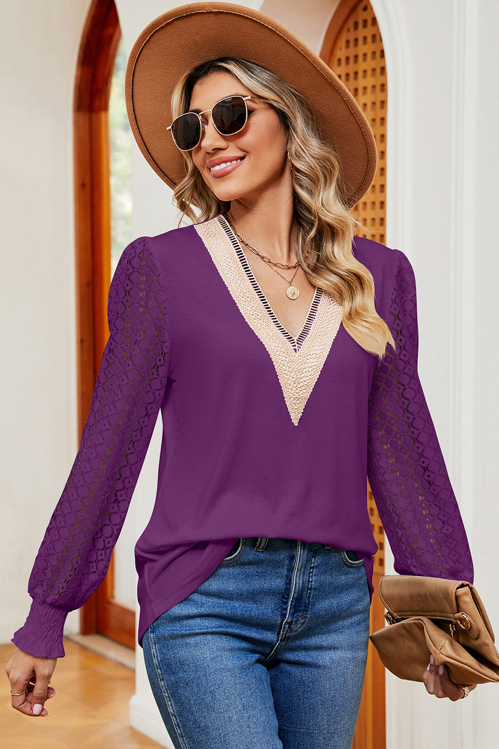 Violet knit top with lace sleeves and V-neck trim
