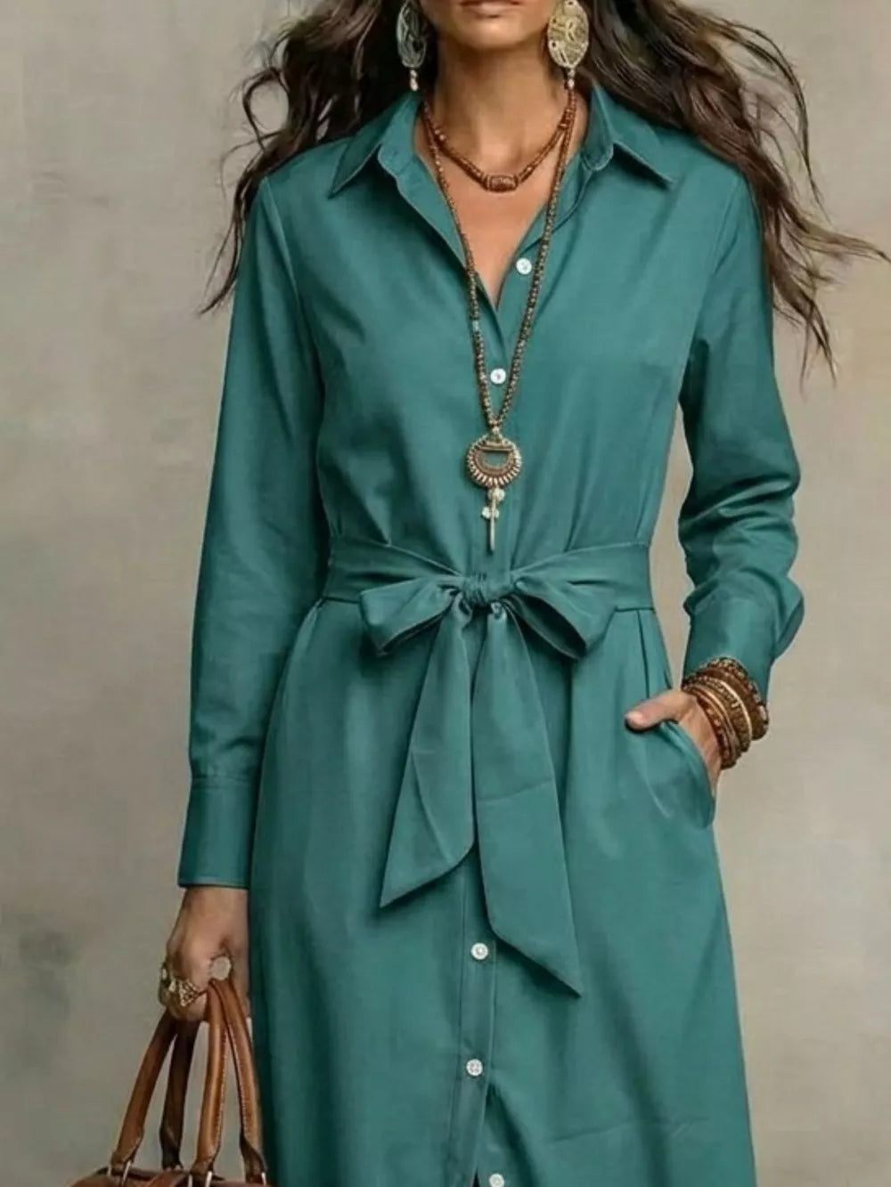 Tie Waist Long Sleeve Shirt Dress Plus Size in Red, fabric detail