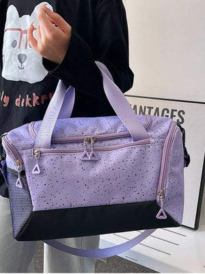 Chic speckled lavender travel bag with black contrast base and mesh side pocket.