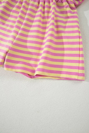 Cotton two-piece set with pink and yellow horizontal stripes, drawstring waist detail.