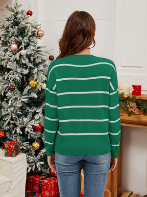 Green acrylic knit sweater with white horizontal stripes, crew neck, long sleeves.