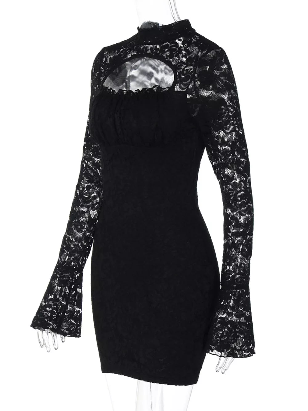 Black lace mini dress with cutout neckline, mock neck, and bell sleeves.