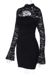 Black lace mini dress with cutout neckline, mock neck, and bell sleeves.