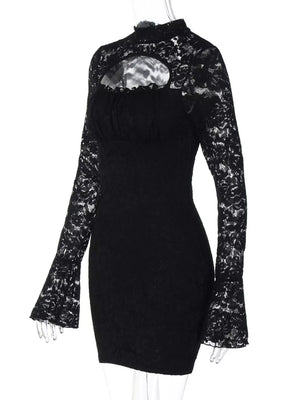 Black lace mini dress with cutout neckline, mock neck, and bell sleeves.