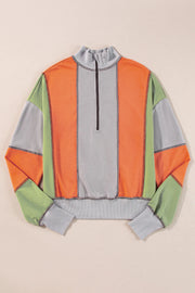 Panelled zip-up sweatshirt in gray, orange, and green with contrast stitching and mock neck.