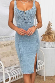 Light blue denim midi dress with zip front and thigh slit