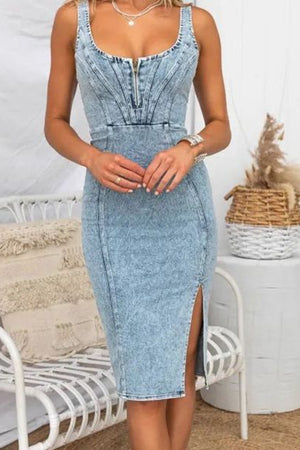 Light blue denim midi dress with zip front and thigh slit