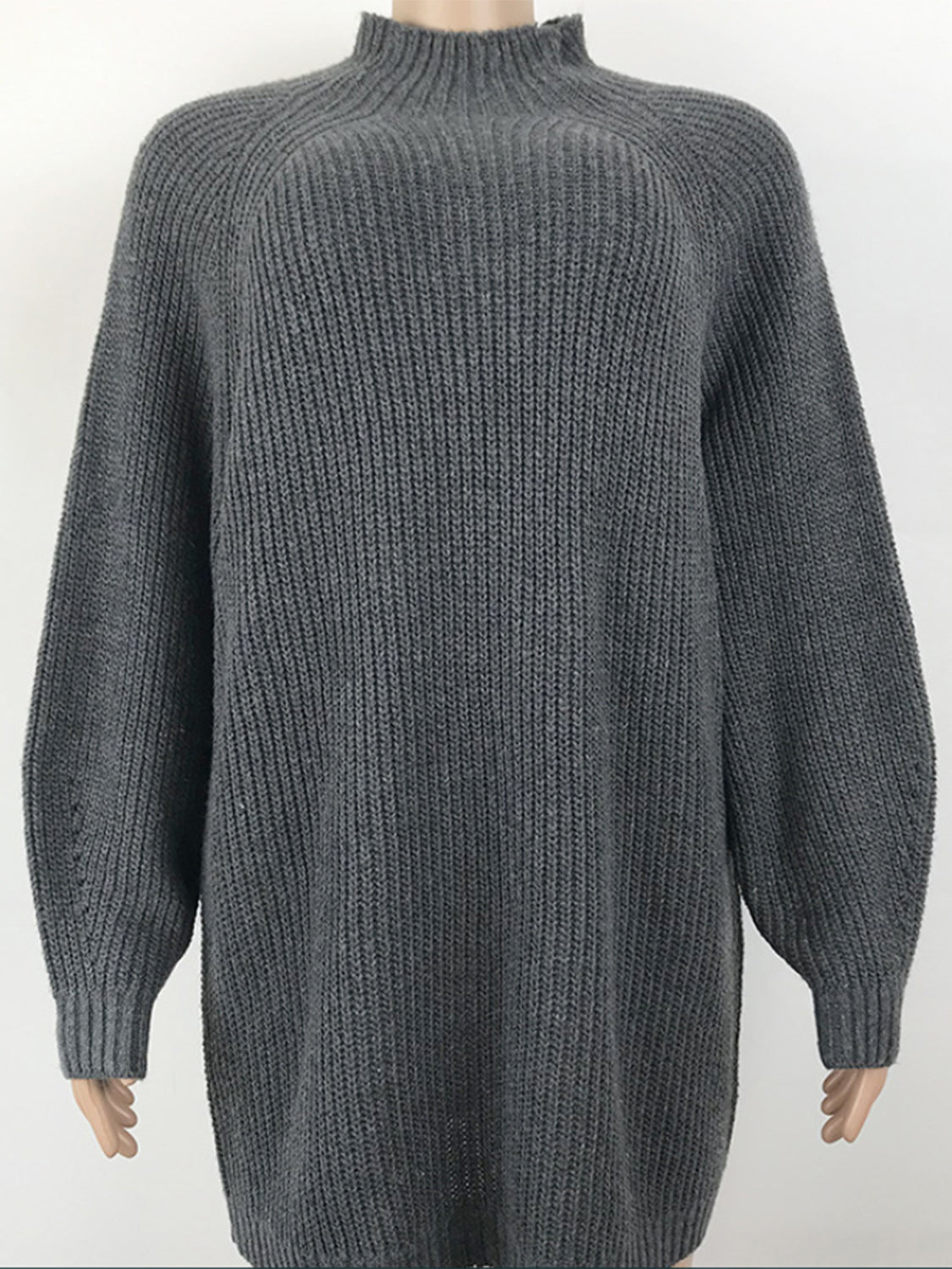 Charcoal ribbed knit cocoon turtleneck dress with long sleeves and a relaxed fit.