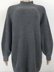 Charcoal ribbed knit cocoon turtleneck dress with long sleeves and a relaxed fit.