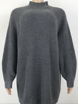 Charcoal ribbed knit cocoon turtleneck dress with long sleeves and a relaxed fit.