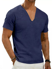 Navy v-neck linen tee with short sleeves and a relaxed fit.