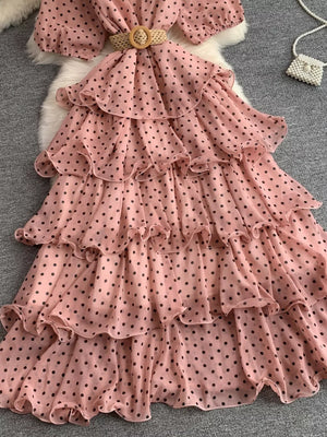 Pink polka dot tiered ruffle dress with woven belt