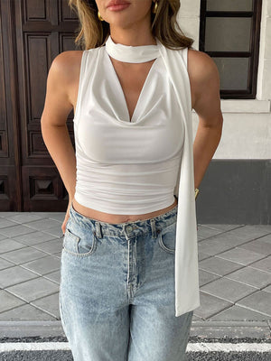 White draped cowl neck cami top with tie detail