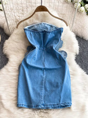 Strapless blue denim bodycon dress with 3D floral embellishments on the sides.